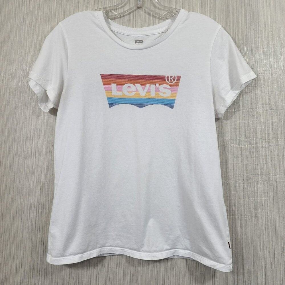 Levi's rainbow striped batwing logo front short sleeve shirt Woman's size medium